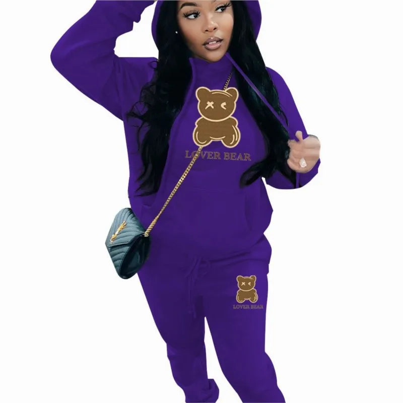 2 Piece Set Women Outfit Letter Bear Print Hooded Neck Hoodies Sweatshirt Pants Tracksuit 2024 Plus Size Streetwear Casual Suit