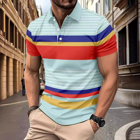 2025European and American ins cross-border 2024 summer new men's striped lapel short sleeved polo shirt casual contrasting polo
