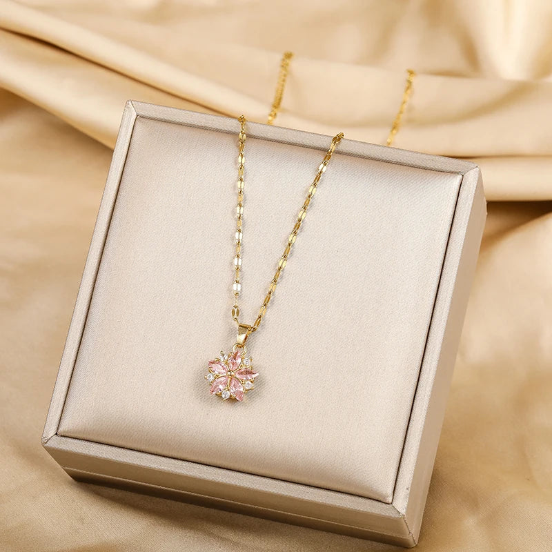 New Cute Romantic Pink Sakura Pendant Stainless Steel Necklaces For Women Korean Fashion Female Sexy Clavicle Chain Jewelry Gift