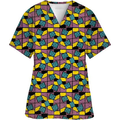 Women Short-Sleeved V-Neck Nurse Top Halloween Women's Fashion Casual Printing Top Protective Work Suit Medical Working Uniform