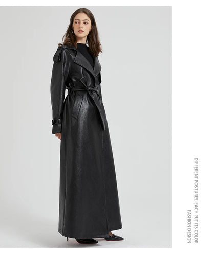 Lautaro Spring Autumn Extra Long Brown Pu Leather Trench Coat for Women Sashes Luxury Chic Overcoat Runway European Fashion 2024