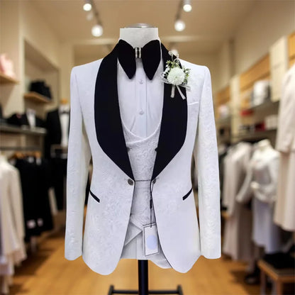 3 Pcs Floral Wedding Suits for Men Slim Fit Shawl Lapel Groom Tuxedo Groomsmen Formal Prom Suit Jacket with Pants Vest 2025