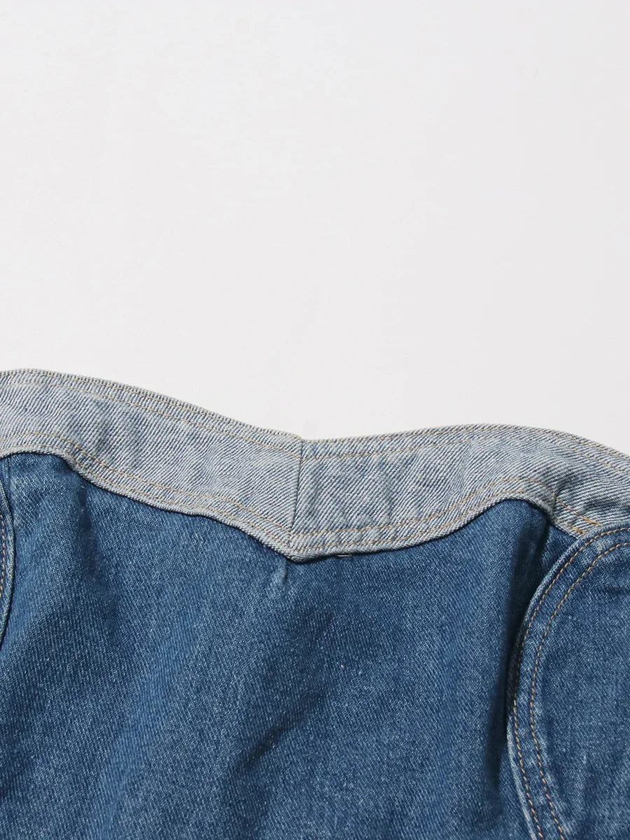 TWOTWINSTYLE Soild Two Piece Sets for Women Straplelss Sleeveless Vest High Wiast Patchwork Hollow Out Jeans Elegant Set Female