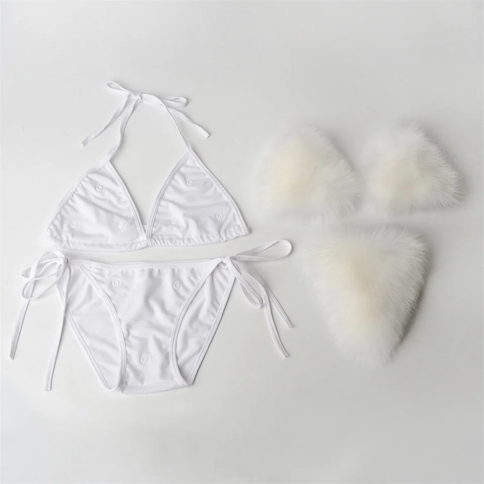 Summer Women Fake Fox Fur Sexy Halter Solid Color Bikini Set Swimsuits Triangle Sexy Bikini Set Faux Fur Swimsuit Plush Swimwear