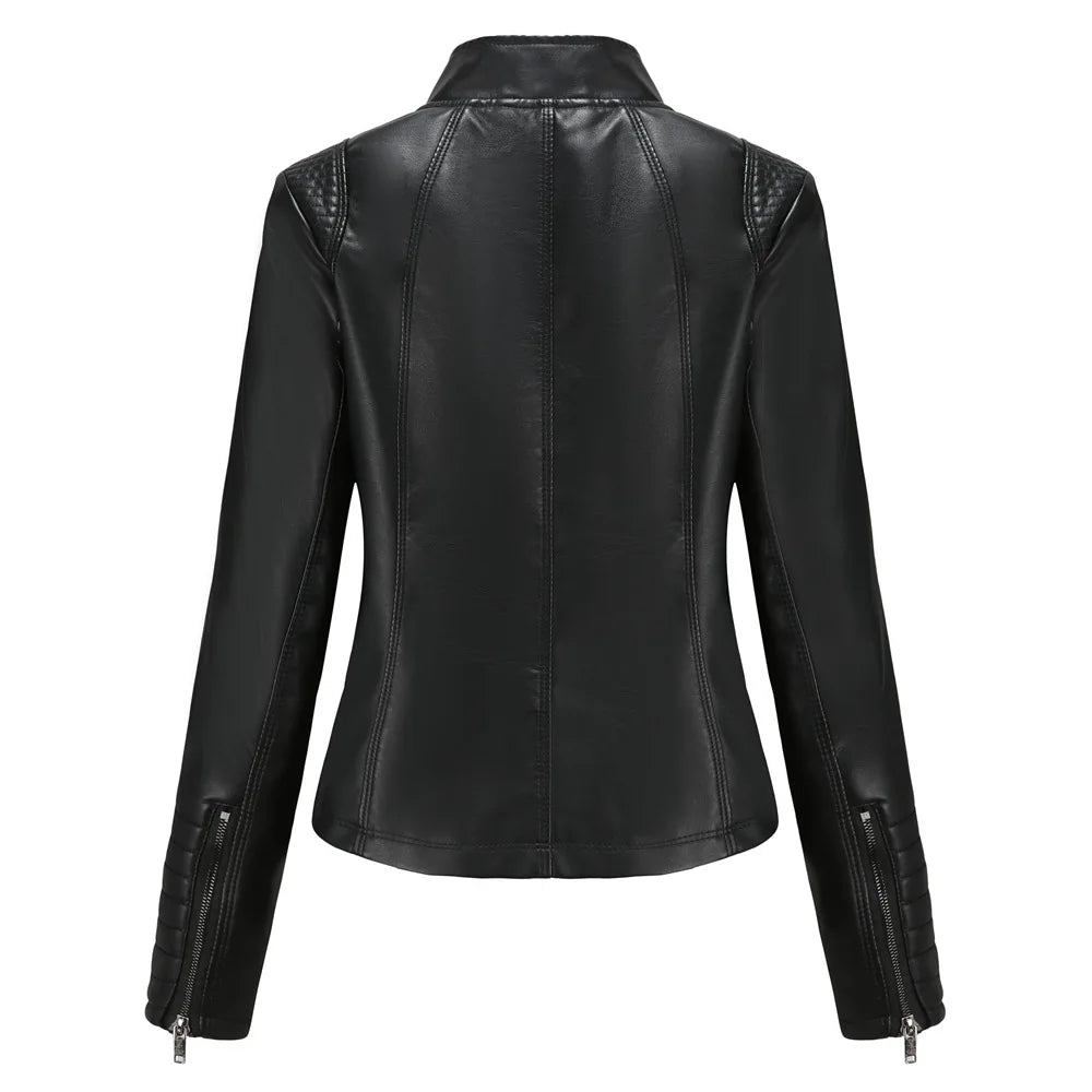Women's Slim Leather Jacket, Stand-up Collar, Zipper Stitching, Monochromatic Coat, Fashion Clothing, New