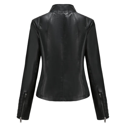 Women's Slim Leather Jacket, Stand-up Collar, Zipper Stitching, Monochromatic Coat, Fashion Clothing, New
