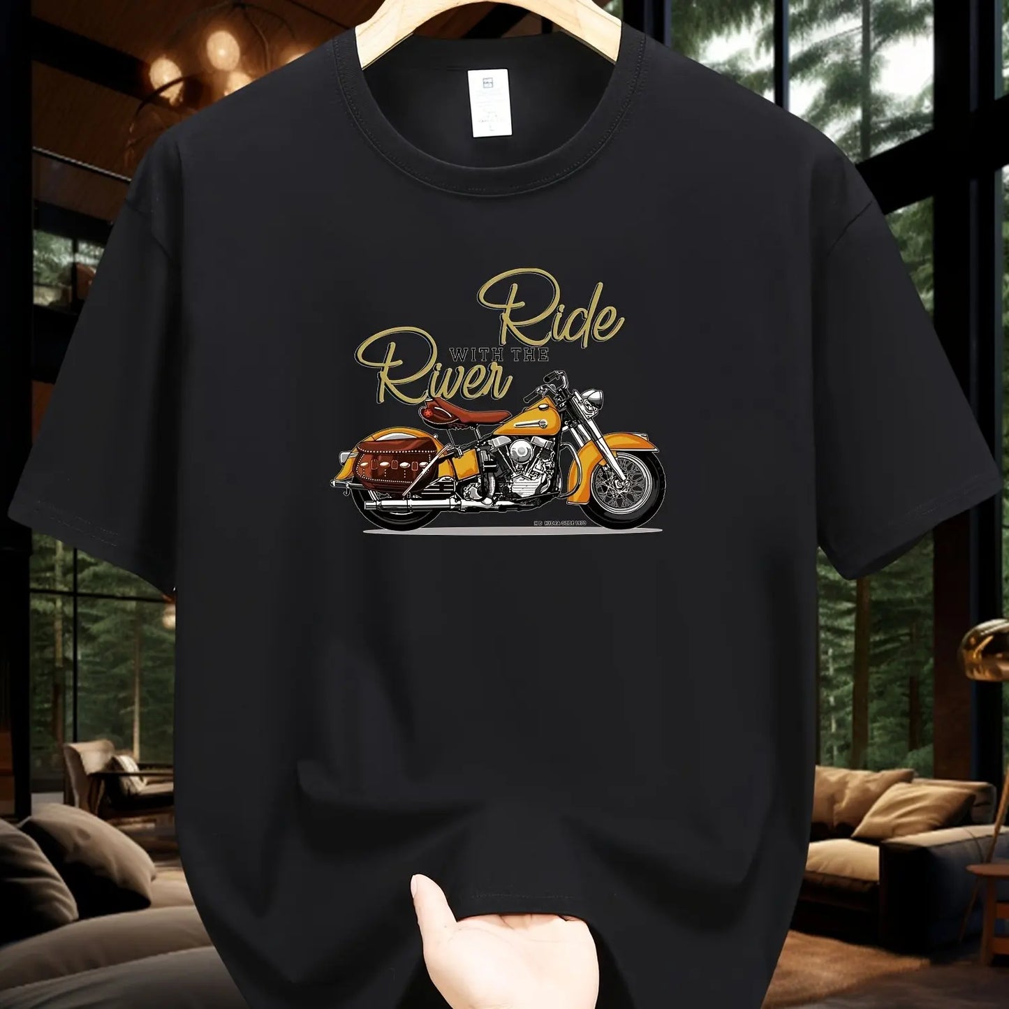 Men's Summer 100 Cotton Fashionable Casual Loose Large Size Classic Motorcycle Pattern Printed Round Neck Short Sleeve T-shirt