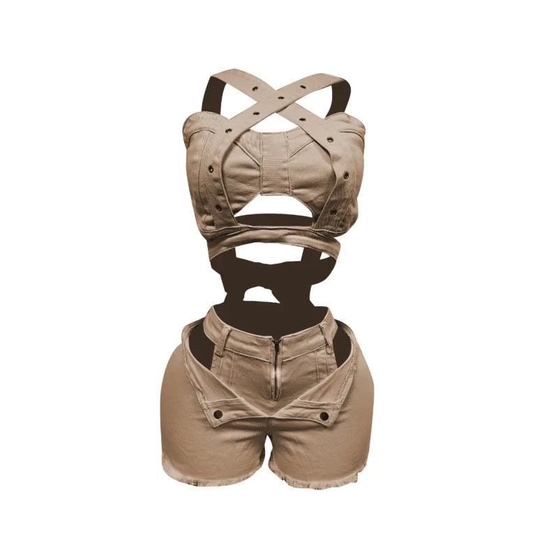 2 Piece Sets Women Denim Shorts Suit Sexy Vest Top Strap Backless Jeans Short Pants Pockets Outfits 2025/2026 Streetwear Ensemble