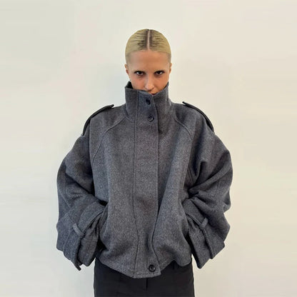 Casual Solid Loose Jackets Women Fashion Full Sleeve Single Breasted Stand Collar Short Coats Female 2025 Autumn Lady Outwears