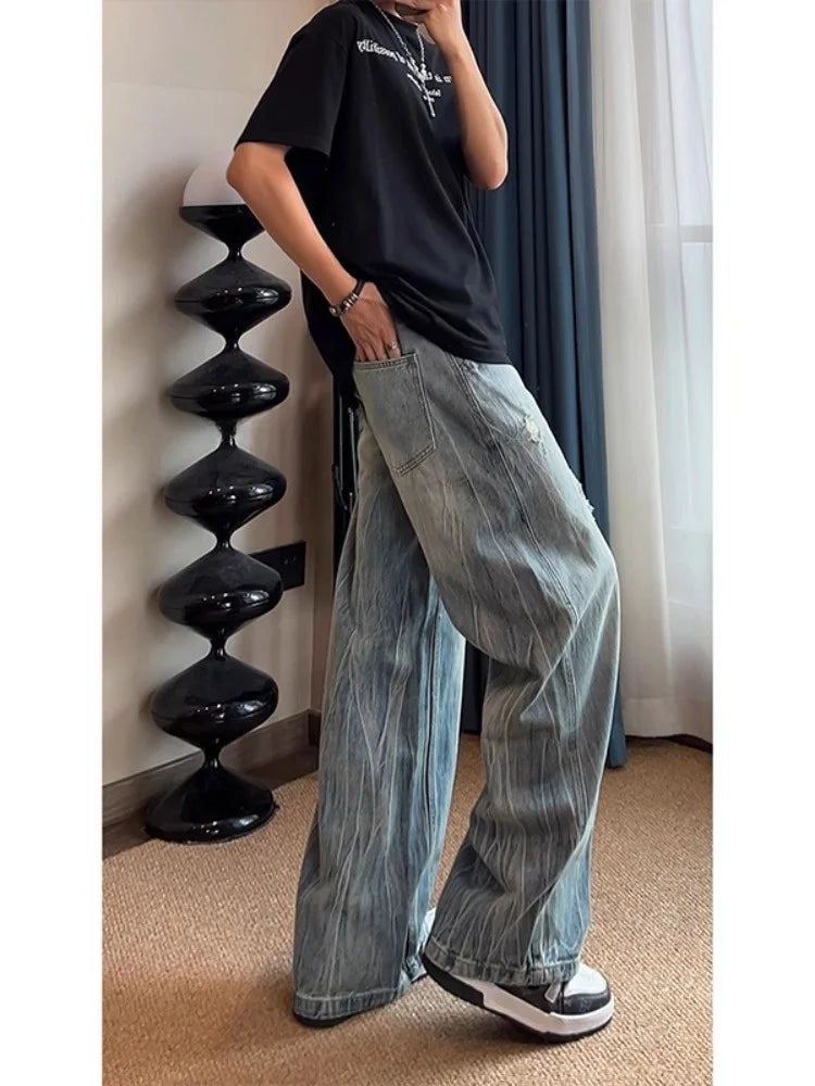 American Lightning Texture Ripped Denim Jeans Straight Leg Wide Leg Loose Fit Casual Summer Jeans for Men And Women
