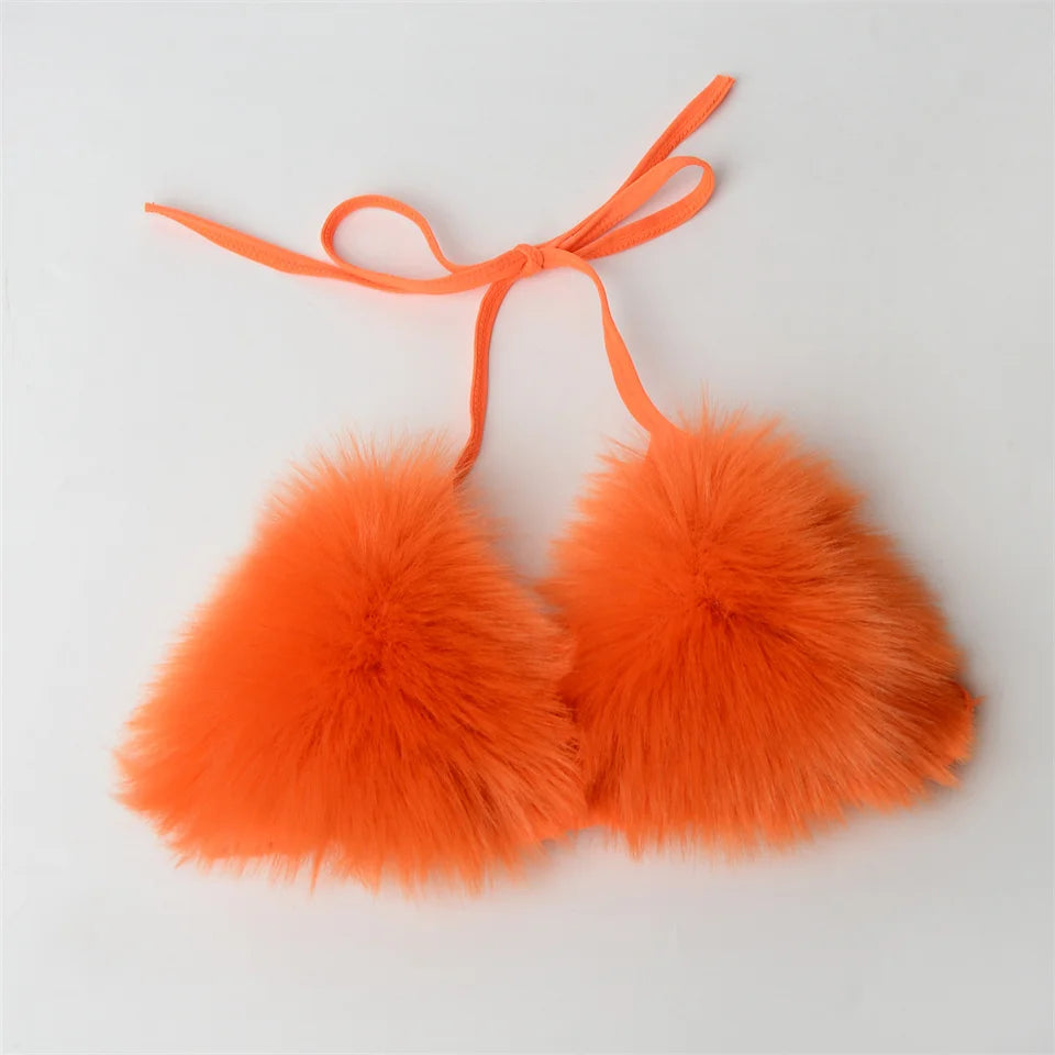Summer Women Fake Fox Fur Sexy Halter Solid Color Bikini Set Swimsuits Triangle Sexy Bikini Set Faux Fur Swimsuit Plush Swimwear