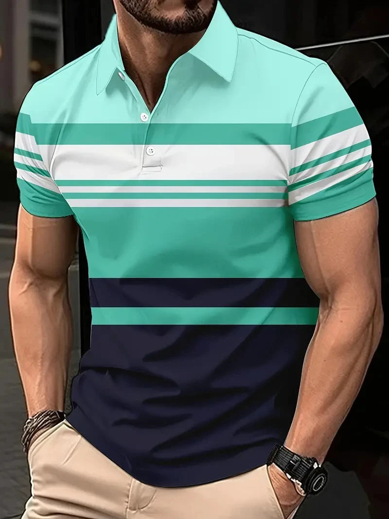 2025 New Men's Summer Short Clothes Sleeved Lapel 3D Digital Printed Striped Polo Shirt Men's Business Casual Top Clothes