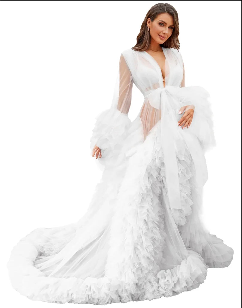 Women's Dressing Gown Perspective Sheer Long Tulle Robe Puffy Pregnancy Maternity Dress for Baby Shower Nightgown Sleepwear