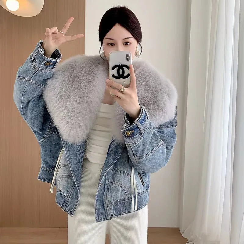 Womens Coats Spring New 100%Natural Real Fox Fur Collar Fashion Short Denim Jacket Luxury Goose Down Puffer Jackets Clothing