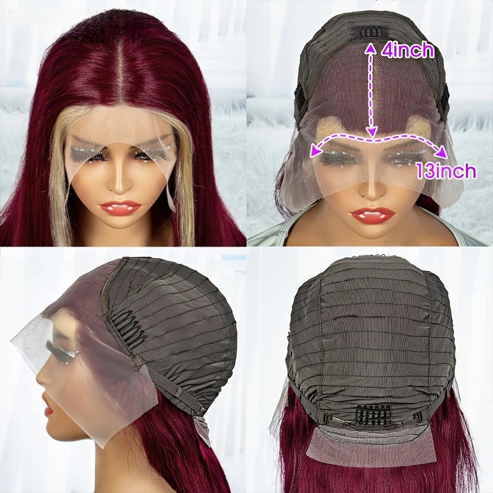 Ombre Highlight Blonde With Red Colored 13x4 Lace Front Wigs Human Hair Brazilian 30 Inch Bone Straight Human Hair Wig For Women