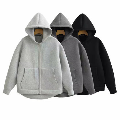 Autumn Women Gray Jacket with Hood Long Sleeve Big Pocket Zipper Jacket Coat Woman Loose Casual Outerwear Coat Tops