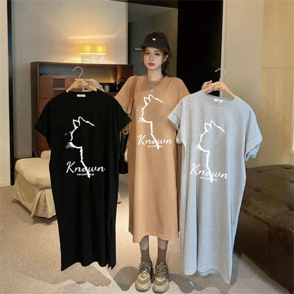 Summer New Loose Dress Women Casual Fashion Cartoon Simple Cat Print Round Neck Short-sleeved Dress