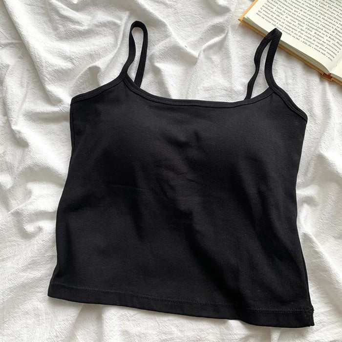 Women's Solid Color Spaghetti Straps Sleeveless Slim Camisole with Chest Pad Cotton Summer Wear Outside Female Short Tops Vests