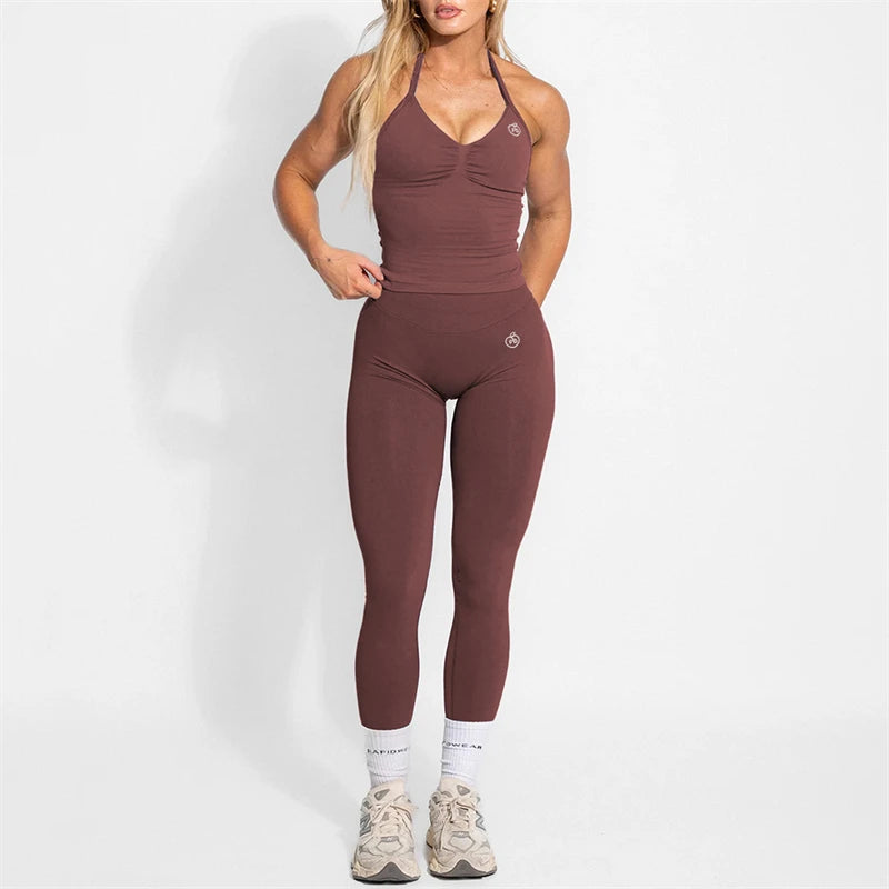 Women's Yoga Set Bum Balance Fitted Halter Tops & Shaping Pants 2pcs Yoga Sportwear Workout Gym Clothing High Waist Leggings Set