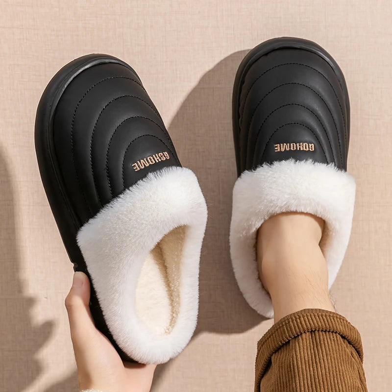 Plus Size 48-49 Waterproof Women's Home Slippers Flat Heel Non Slip Cotton Slippers Woman Faux Fur Warm Living Room Shoes Female
