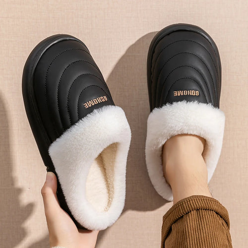 Plus Size 48-49 Waterproof Women's Home Slippers Flat Heel Non Slip Cotton Slippers Woman Faux Fur Warm Living Room Shoes Female