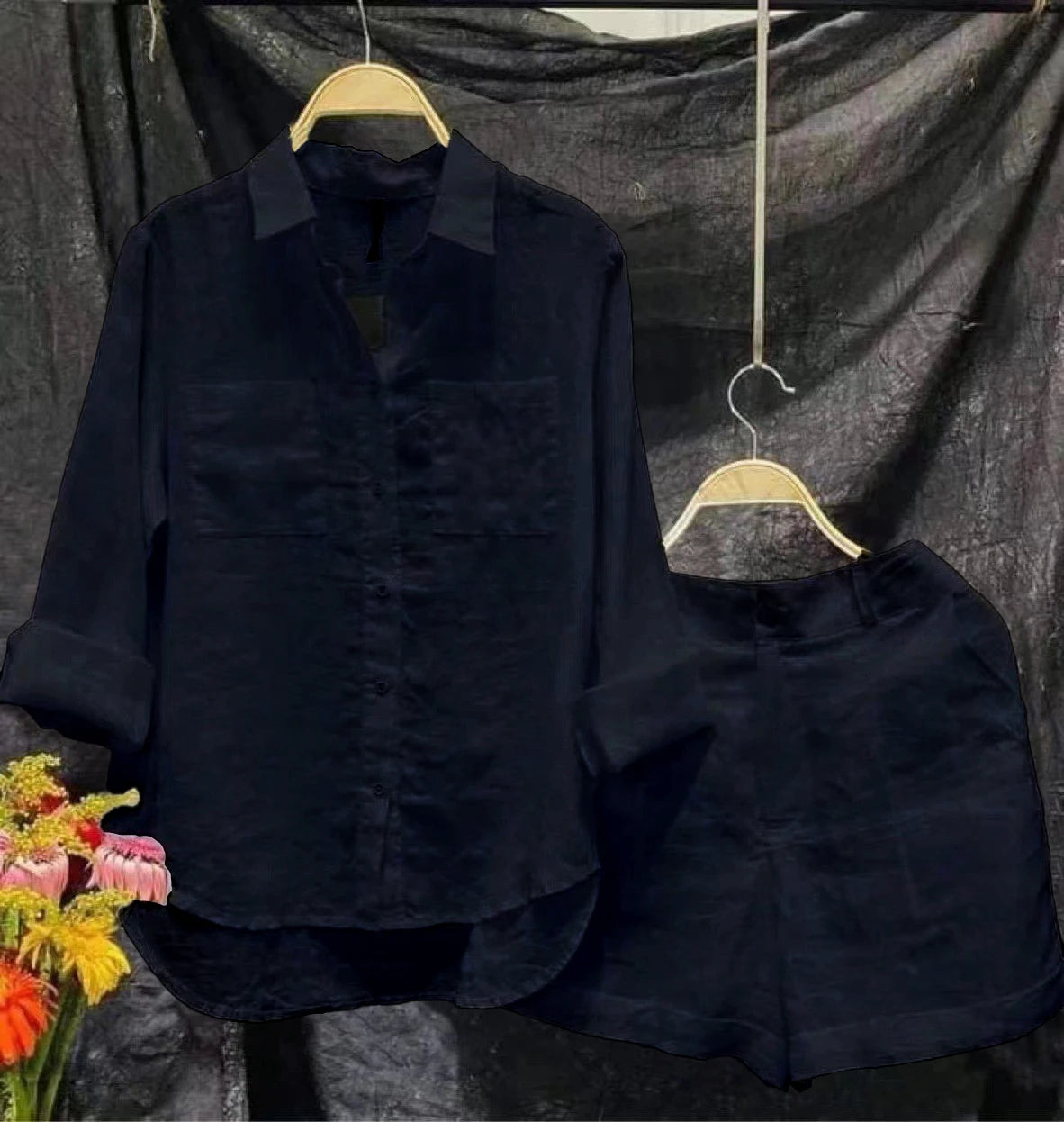 Summer Cotton Linen Casual Home 2 Piece Set For Women 2026 Fashion White Long Sleeve Shirt And Shorts Two Piece Sets Tracksuit