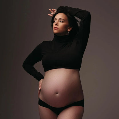 Maternity Long Sleeve T Shirts Womens Mock Neck Seamless Slim crop Tops For Pregnant photo shoot