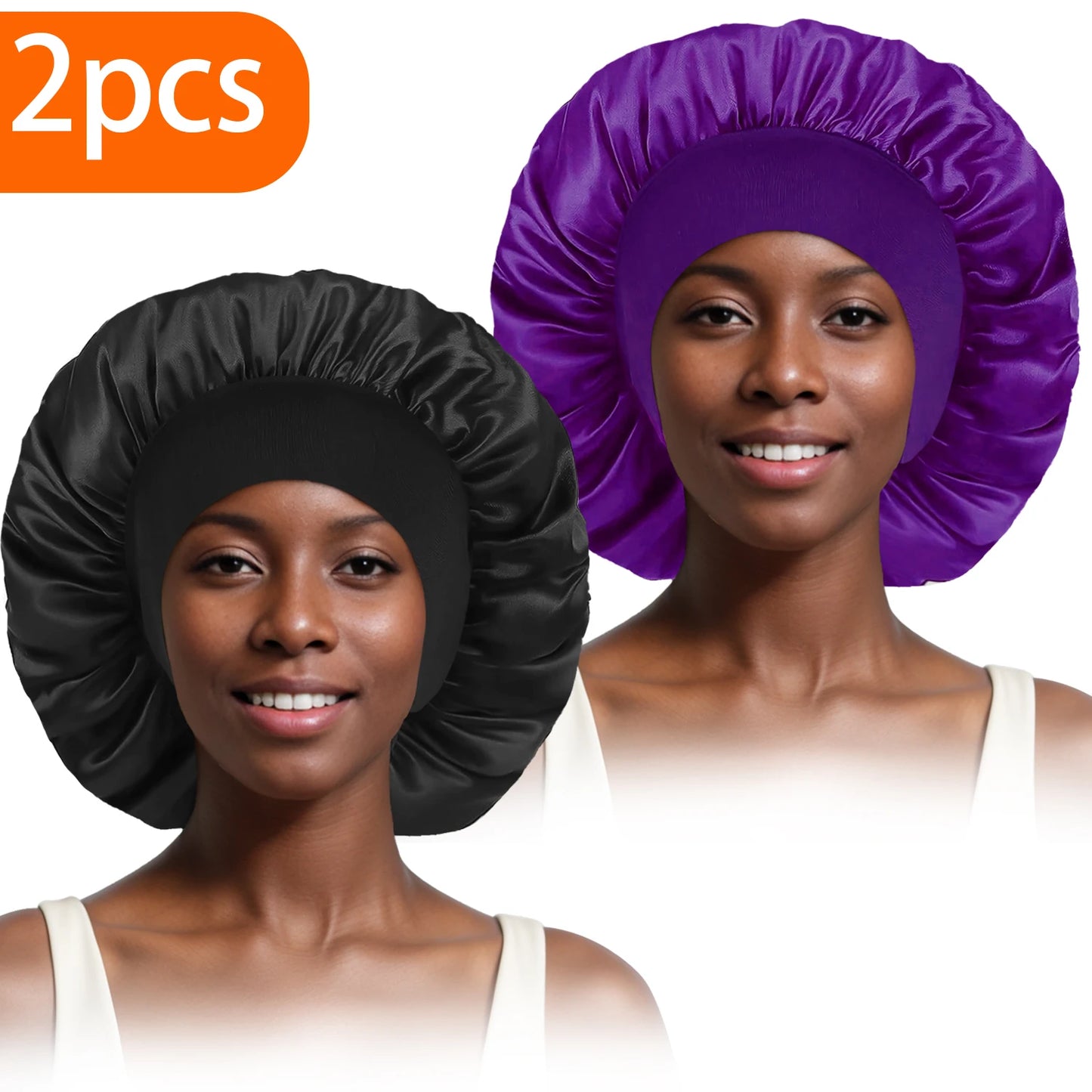 2pcs Women's Fashion Bonnet Large Wide Edge Elastic Hat Casual Silk Smooth Tint Suitable for Curled Straight Hair Sleeping Hat
