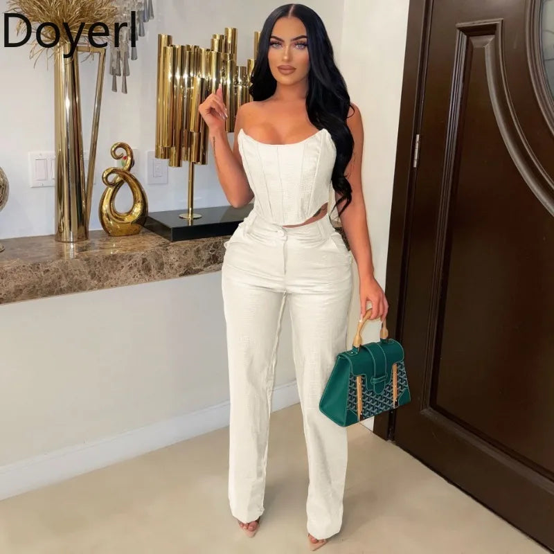 PU Faux Leather 2 Pieces Set for Woman Outfit Birthday Party Club Sleeveless Strapless Crop Top and Wide Leg Pants Matching Sets