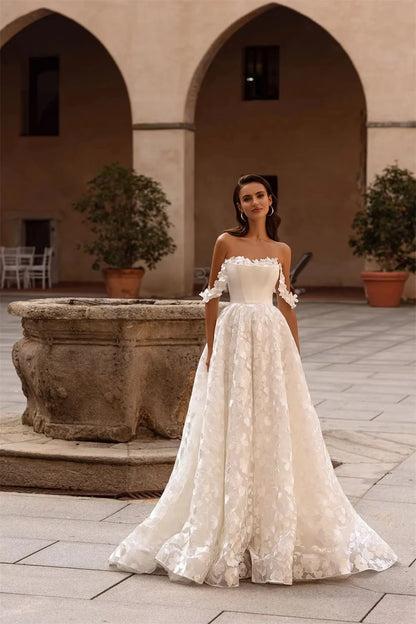 Gorgeous Tulle Women Wedding Dresses Elegant A-Line Lace Flower Print Bridal Gowns Formal Occasion Vestidos De Novia Customized