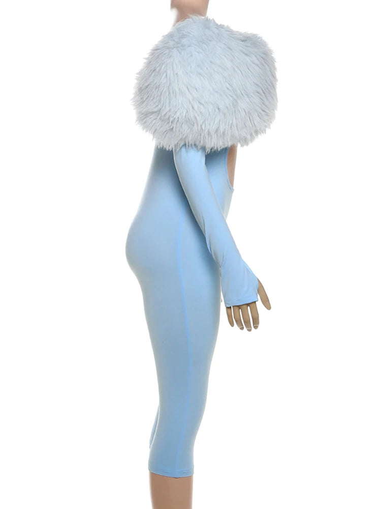 Nibber Furry Patchwork Jumpsuit Woman Slash Neck Sexy Hollow Full Sleeve Backless Slim Peach Hip Hottie Street Fashion Overalls