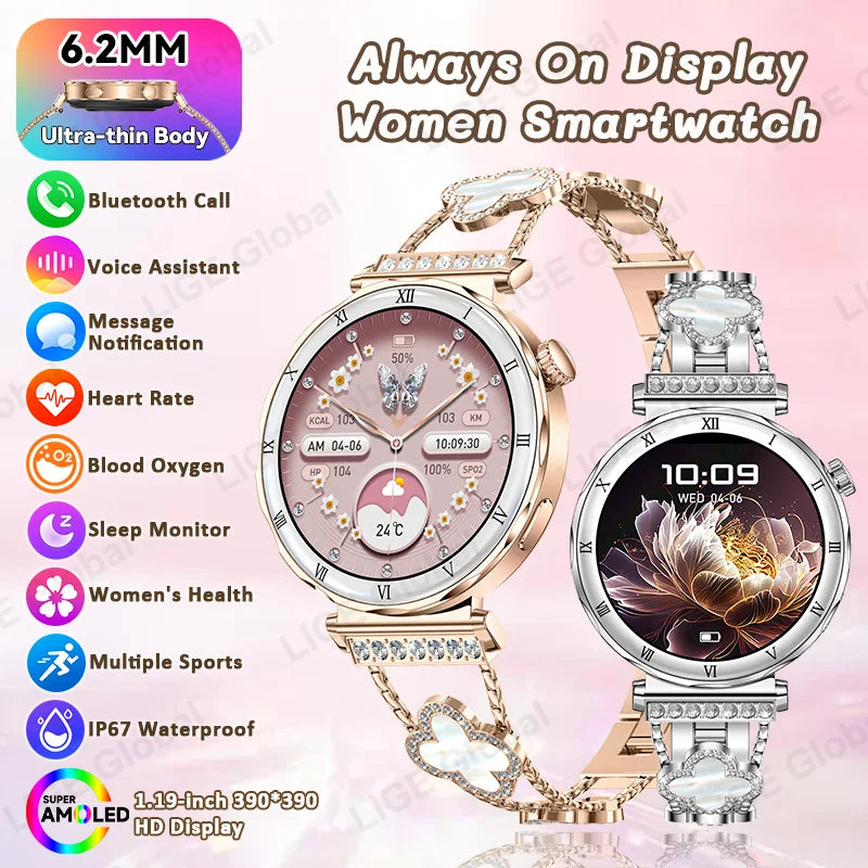 LIGE New Ultra Thin Smart Watch Women Screen Always Display Time Diamond Luxury Bracelet Voice Calling AMOLED Smartwatch Ladies