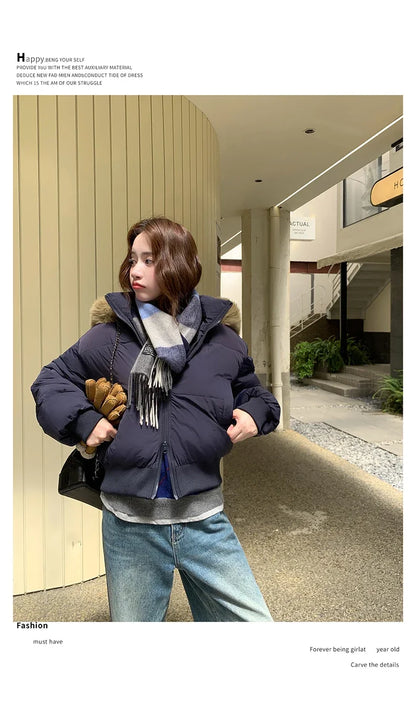 Casual Warm Fur Hooded Cropped Parkas Chic Streetwear Korean Style Down Cotton Coat Thicken Short Women's Winter 2025 Jacket