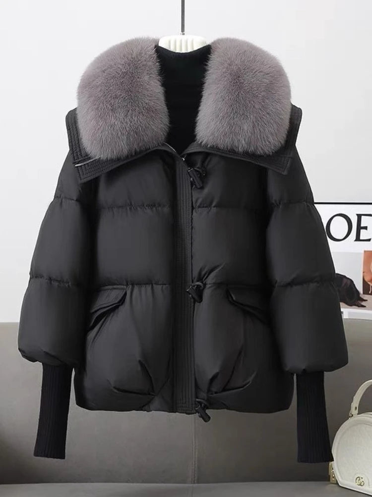 2025 Down Cotton Short Padded Jacket Women Parkas Fur Collar Autumn Winter Thick Coats Female Black Casual Outerwear Clothes