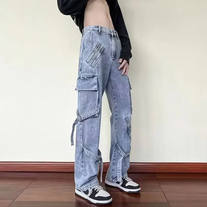 American Style Vibezip-up Trendy Jeans For Men Loose-fit Bell Bottoms Ins High Street Gangsta Style Casual Workwear