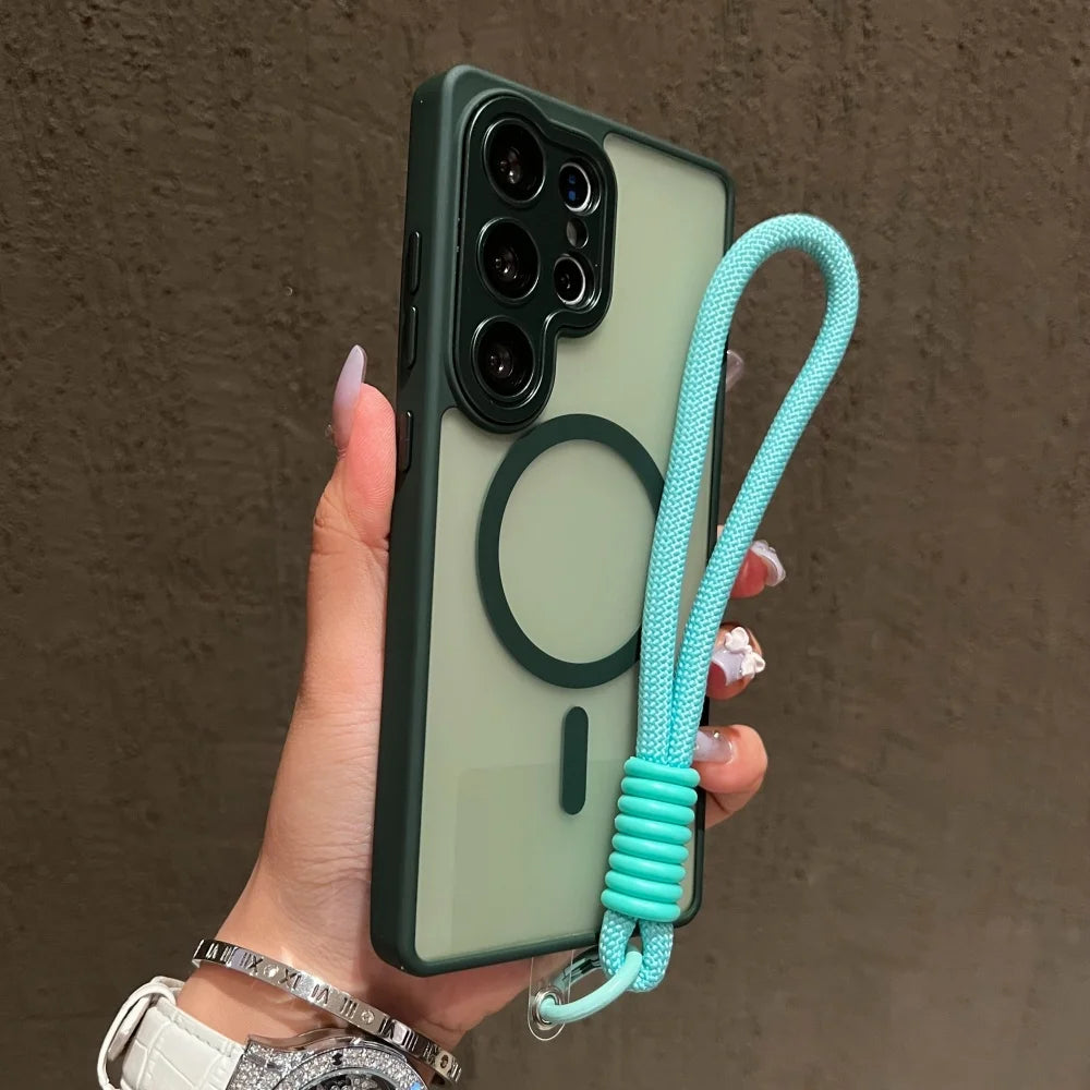 Wrist Strap Cord Magnetic Matte Translucent Armor Case For Samsung S25 Ultra S24 FE S23 Plus For Magsafe Wireless Charge Cover