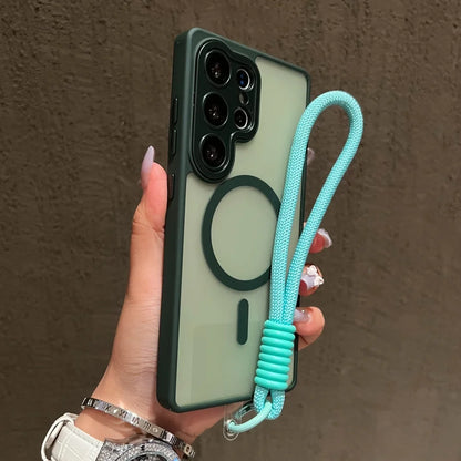 Wrist Strap Cord Magnetic Matte Translucent Armor Case For Samsung S25 Ultra S24 FE S23 Plus For Magsafe Wireless Charge Cover