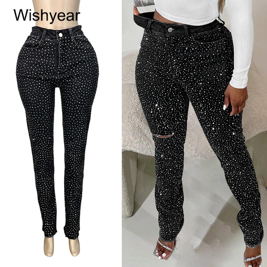 Fashion Skinny Stretch Jeans for Women Luxury Diamonds Hole Pencil Pants High Waist Washed Streetwear Y2k Streetwear Trousers