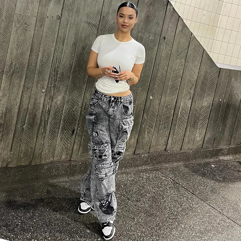 Women's Straight Jeans Fashion Trend Multi-Pocket Large Size Overalls Women