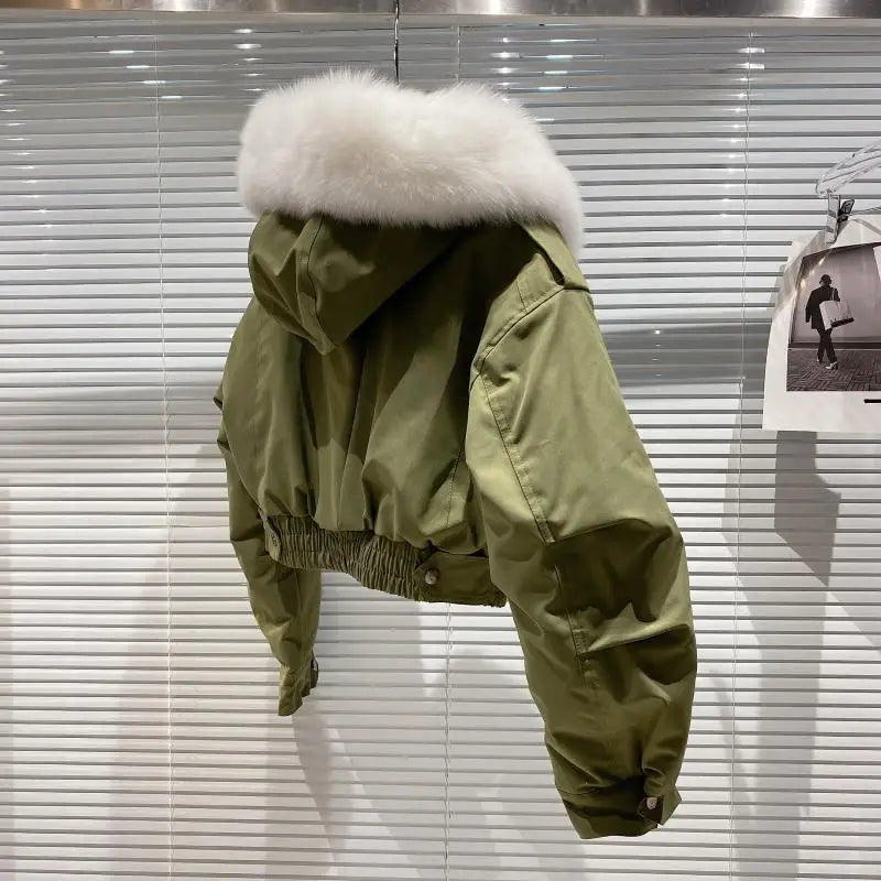 Big Fox Fur Collar Removable Rabbit Liner Short Coat Jacket for Women Winter Elastic Hem Hooded Jackets Wram Fashion Outwear