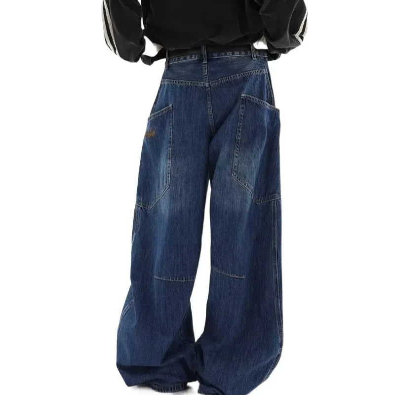 American Retro Knife Pocket Wide Leg Jeans Women's Spring Autumn Style Hot Girl High Street Design Loose Floor-Length Pants