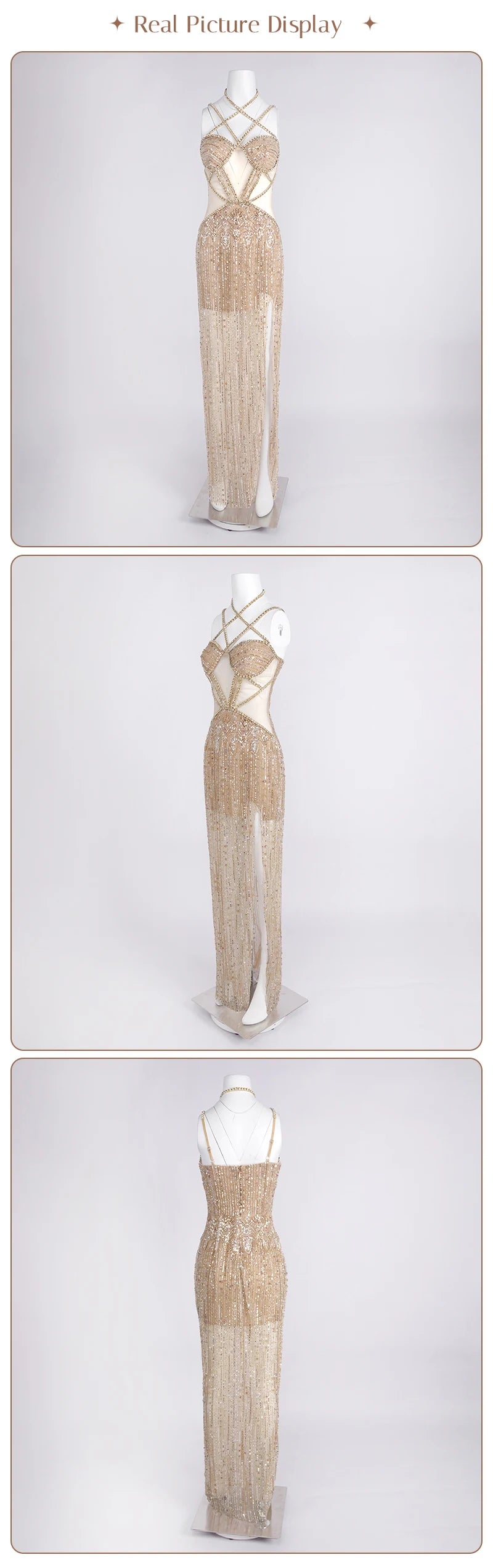 Sexy Gold Sequin Evening Dresses for Women – Luxury Crystal Beaded Prom Dress with High Slit Formal Party Mermaid Gown for Gala