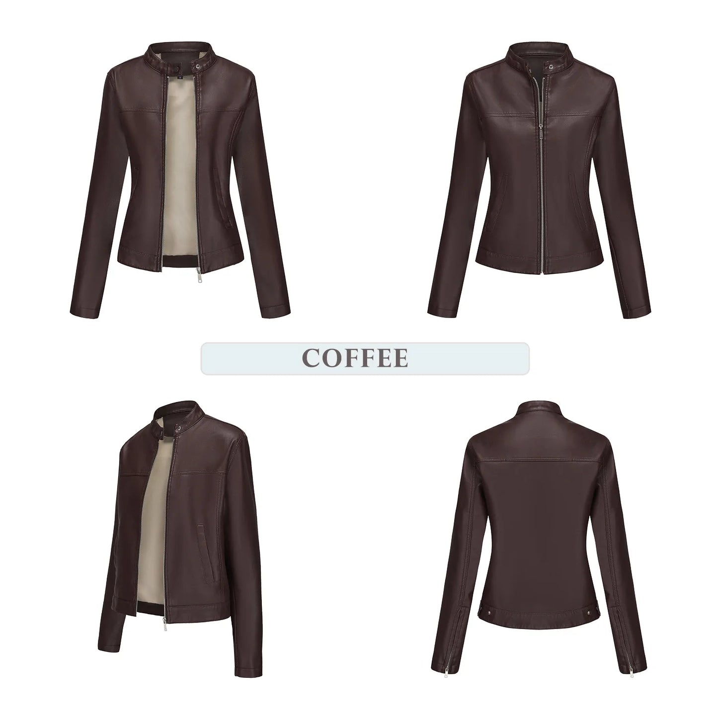 Black Women's Fitted Leather Jacket with Front Zipper & Side Pockets‌, Available in Brown, Navy Blue, and Beige.