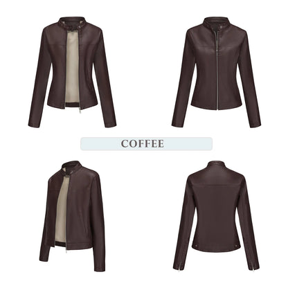 Black Women's Fitted Leather Jacket with Front Zipper & Side Pockets‌, Available in Brown, Navy Blue, and Beige.