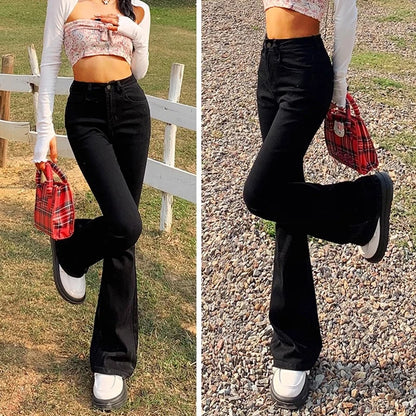 Woman Elastic High Waist Bell Bottom Jeans Female High Street Designer Flare Pants Lady Fashion Blue Black Gothic Denim Trousers