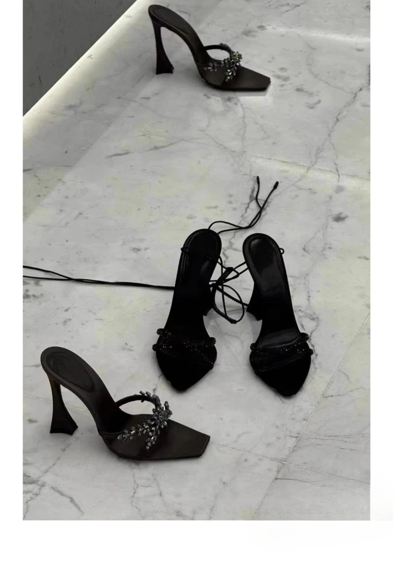 2025 NEW High Quality Luxury Heels Women's Sandals Designer Shoes Rhinestone Square Toe Open Toe Slides Женская Обувь