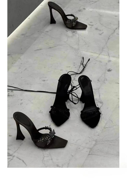 2025 NEW High Quality Luxury Heels Women's Sandals Designer Shoes Rhinestone Square Toe Open Toe Slides Женская Обувь