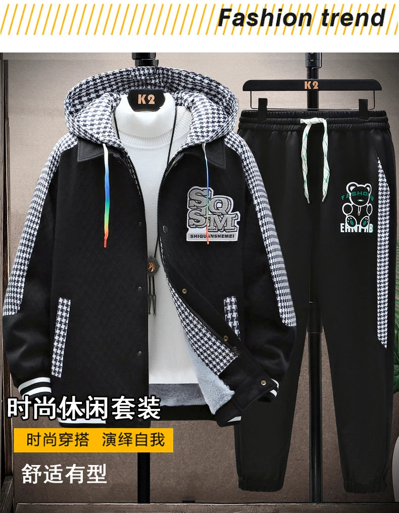 Winter Men's Sets Tracksuit Men Wool Hooded Sweatshirt Thicken Warm Sportswear Male Casual Suit Two Piece Sets