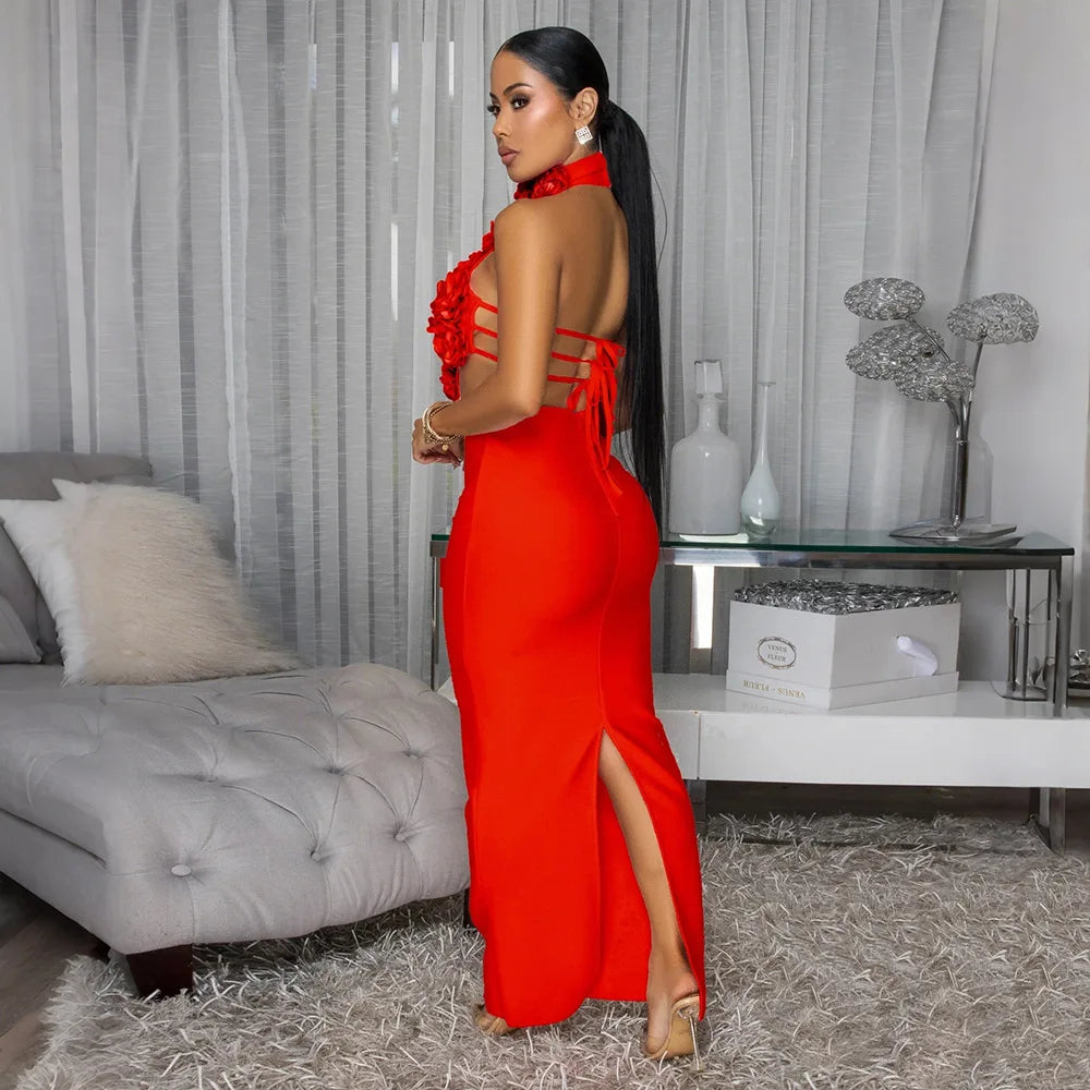 Sister Star Women Dress 2025 Sexy Hottie Solid Color Fresh Hanging Neck Big Flowers Light Luxury Nightclub Party Evening Dresses