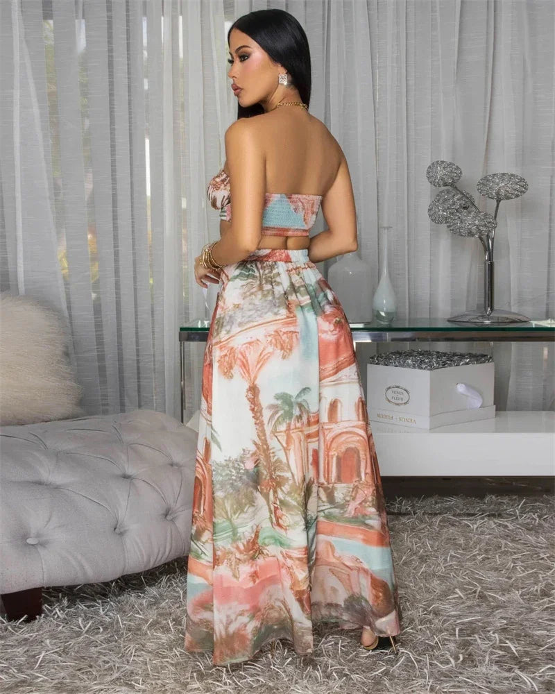 Doyerl Pattern Printing Party Dress Sets Women Two Piece Set Vacation Club Wear Crop Top and Long Skirt Matching Sets Outfits